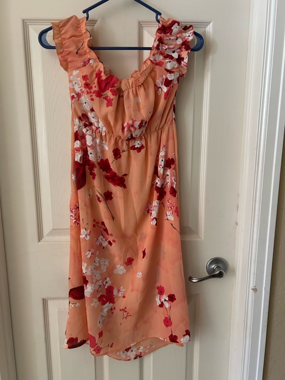 Peach Floral Midi Dress with Ruffle Straps